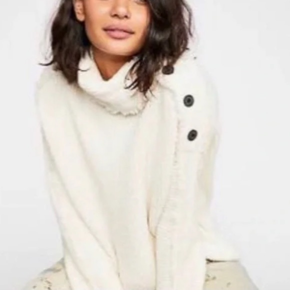Free People On My Side Pullover Button Turtleneck Sweater Cream Size Medium - Picture 4 of 15